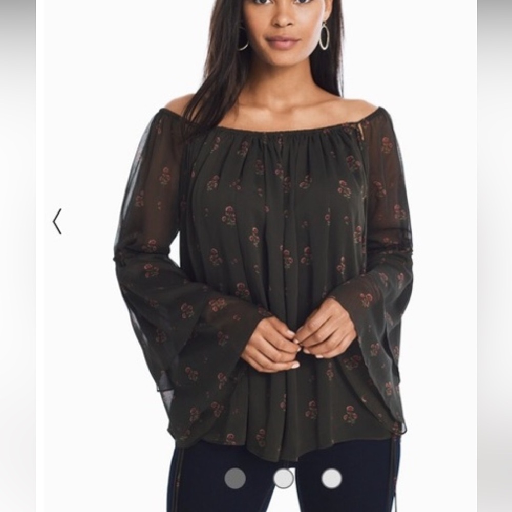 White‎ House Black Market S Green Floral Sheer Peasant Top Off The Shoulder